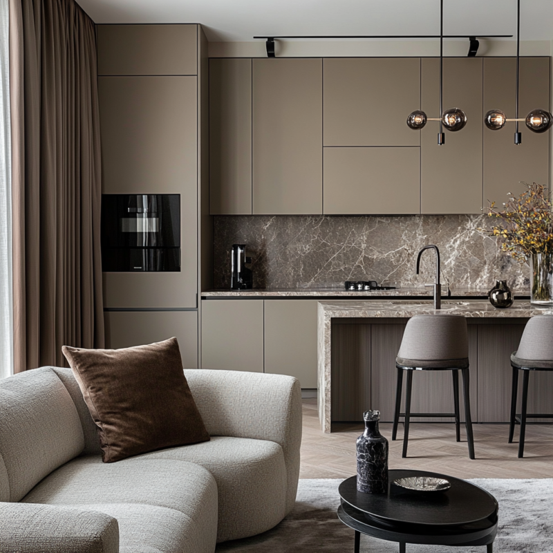 salon z aneksem kuchennym w stylu modern classic