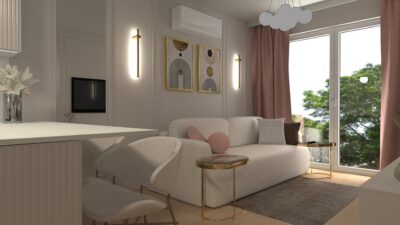 Salon w kobiecym stylu ze sztukaterią i różem