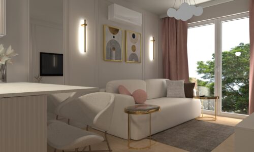 Salon w kobiecym stylu ze sztukaterią i różem