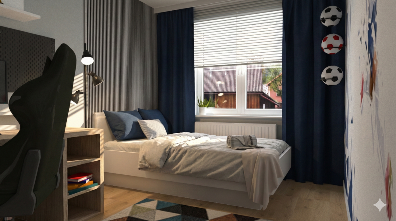pokój nastolatka z elementami granatu